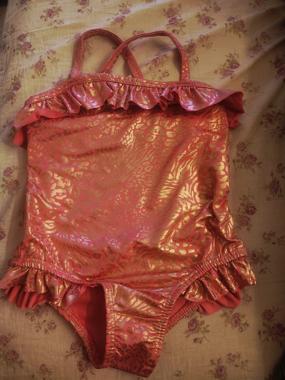 Vince Camuto Girls Coral and Gold Ruffle One-Piece Swimsuit